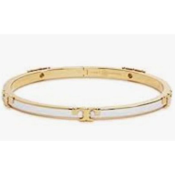NEW! Tory Burch White and Gold Enamel Serif Bangle Bracelet - Picture 2 of 4